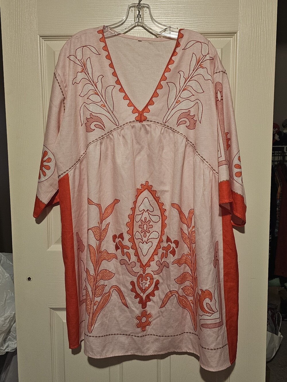 Pink & Orange Embroidered V-Neck Tunic Dress Dz XL